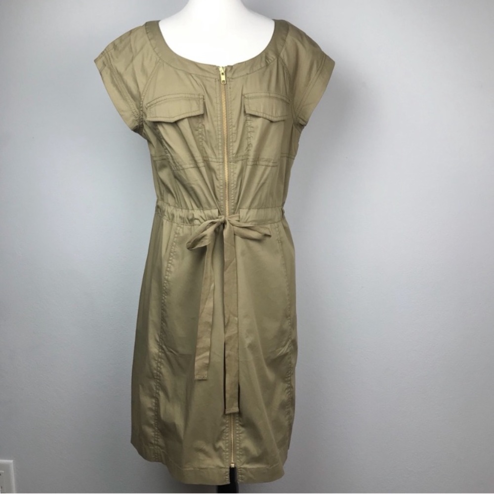 Army Green Dress with Front Zipper & Tie at Waist